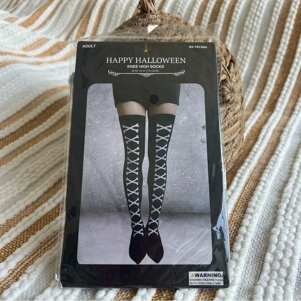 Happy Halloween Knee High Socks 🎃 Black & White Crossbones‎ Adult Costume